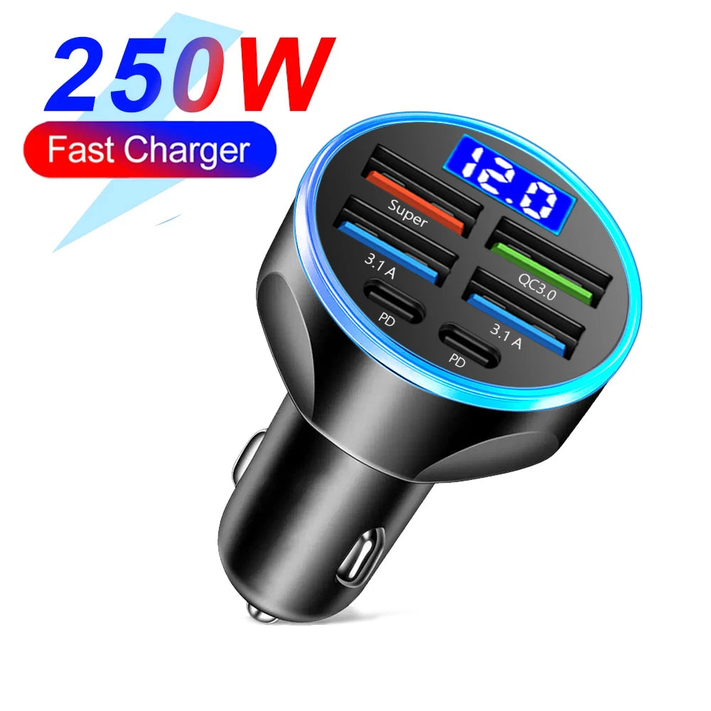 66-250W PD Car Charger QC3.0 Fast Charging Cigarette Lighter Splitter with Digital Display, 1-to-6 Multi Port Adapter