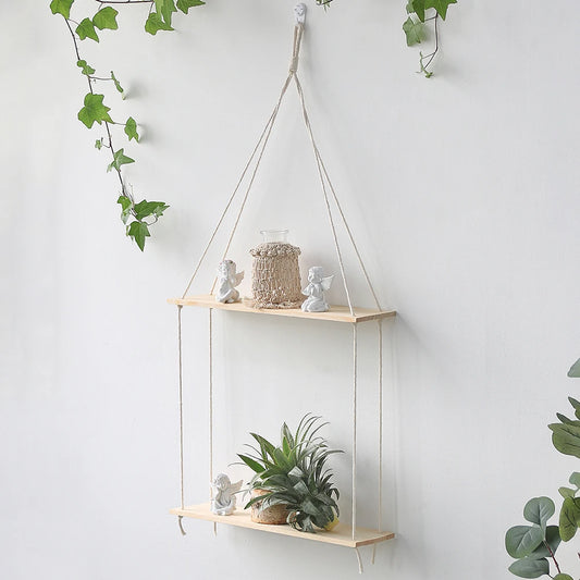 Wooden Macrame Wall Shelf – Boho Floating Display for Home, Living Room, Nursery Décor