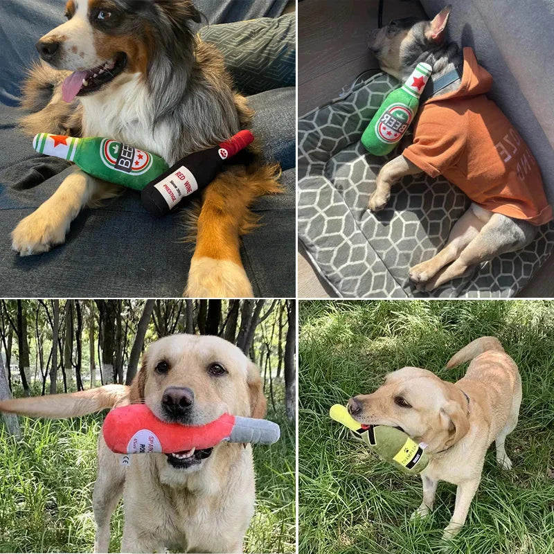 Plush Beer Bottle Dog Toy – Squeaky, Chew, Interactive Play for Small & Large Dogs