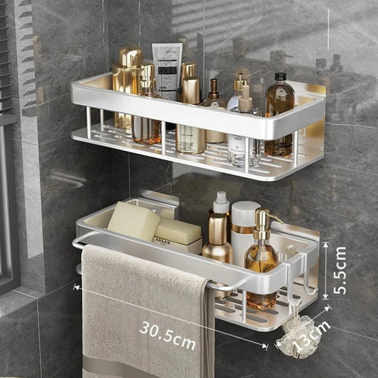 No-Drill Corner Bathroom Shelf – Wall-Mount Aluminum Rack for Towels, Shampoo & Kitchen Storage