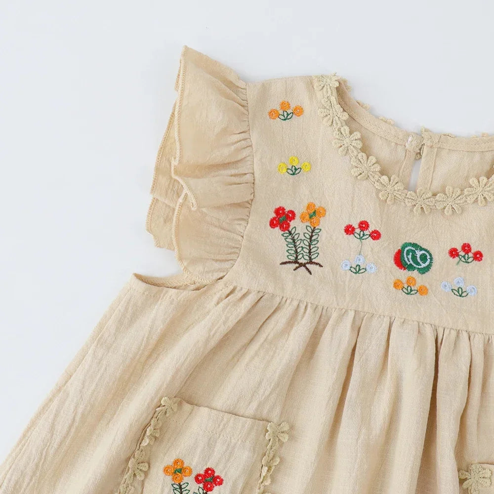 Girls’ Summer Khaki Embroidered Ruffle Edge Dress Sleeveless with Pocket