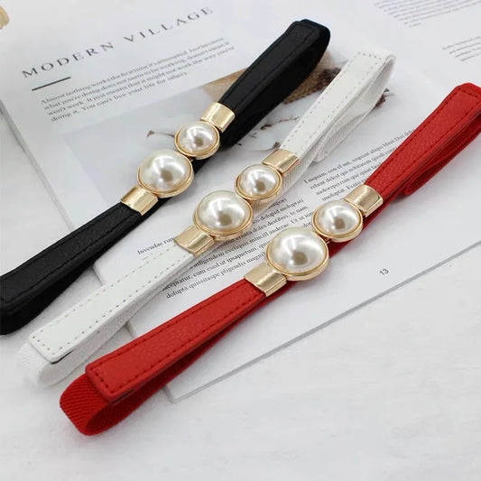 Elegant Double Pearl Buckle Elastic Belt – Thin Strap Waistband for Dresses & Skirts