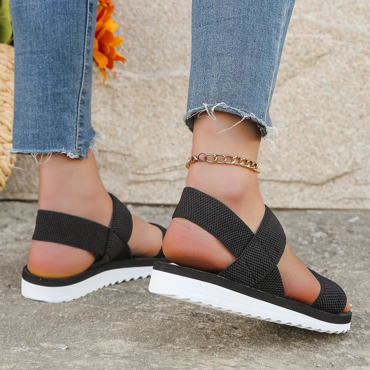 Women’s Fashion Flat Sandals – Black, Non-Slip, Color Sole, Lace-Up Design