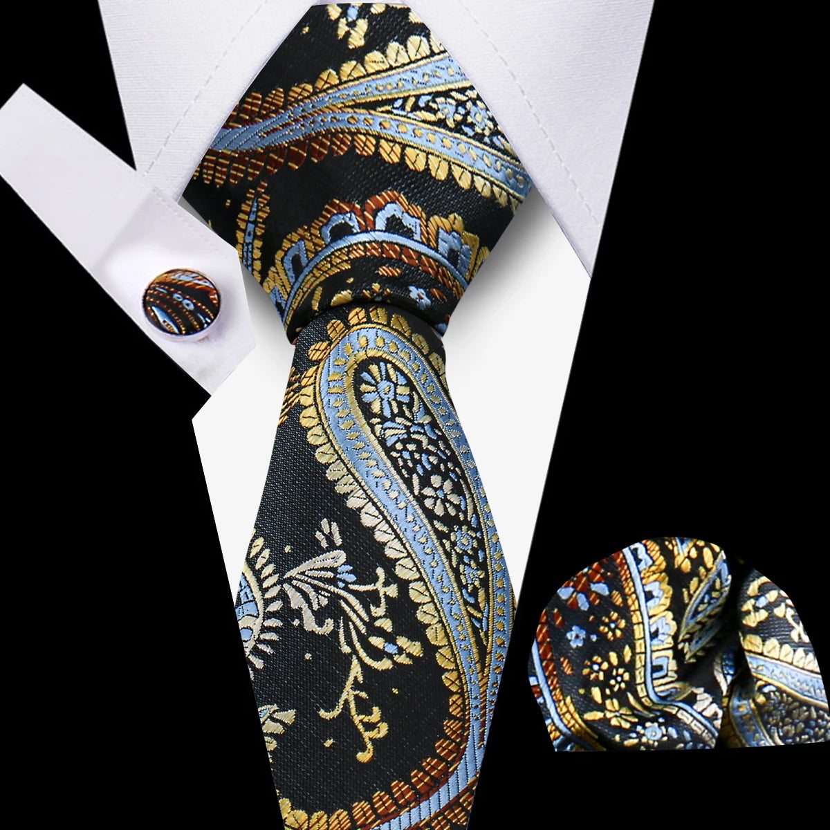Classic Men’s Tie Set Plaid Necktie with Pocket Square & Cufflinks Business Wedding Gift Accessories