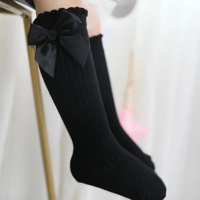 Children’s Princess Knee-High Socks – Soft Cotton Long Socks with Big Bow for Girls (0–12)Years, Spring/Autumn)