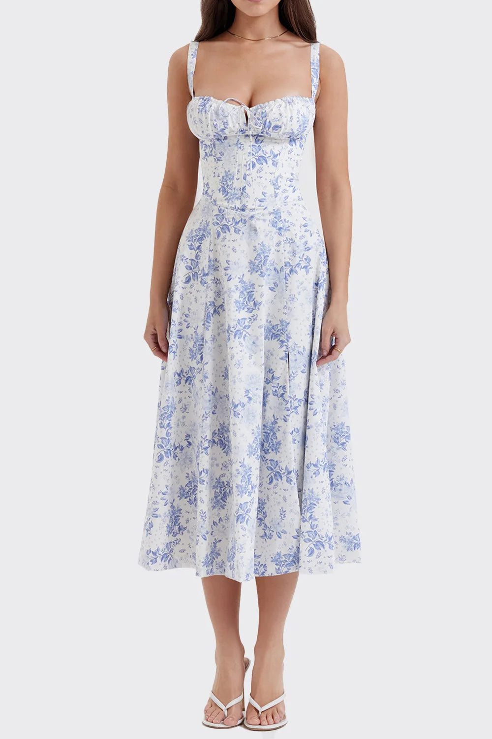 Women’s Floral Print Summer Midi Dress – Lace-Up Corset Beach Vacation Dress