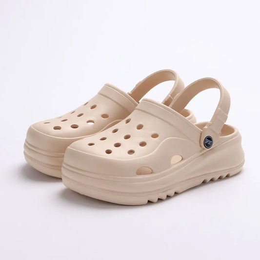 Thick-soled, non-slip beach sandals with wedge design.