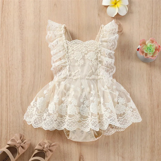 Baby Summer Romper – Newborn to 24M, Ruffle Sleeve & Lace Tutu Dress