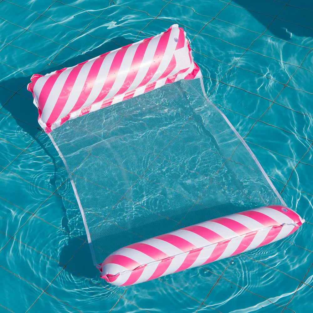 Foldable Inflatable Lounge Chair – Striped Pool & Beach Float with Net Backrest