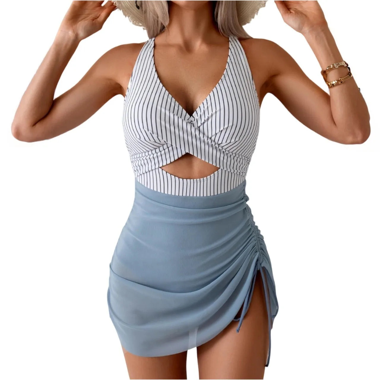 Women's Sexy One-Piece Swimsuit – Deep V, Mesh Splice, Side Drawstring, Suspender Style Beachwear