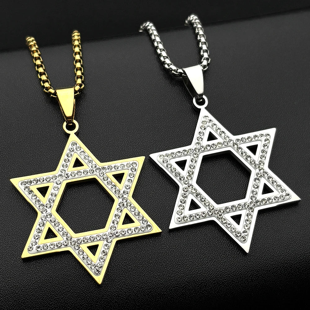 Israel Hexagram Star of David Pendant Necklace – Stainless Steel with Rhinestones, Unisex