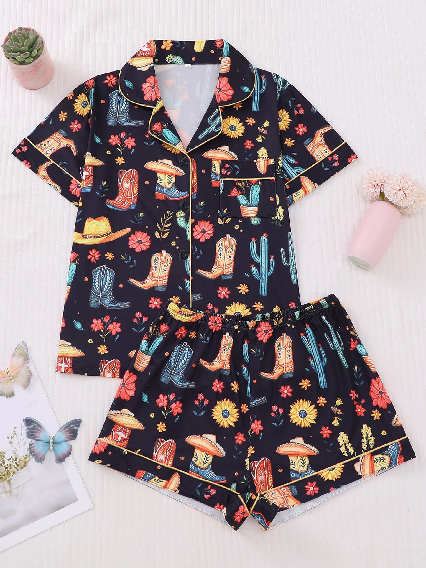 2-Piece Women’s Sleepwear Set – Denim Print Top & Shorts