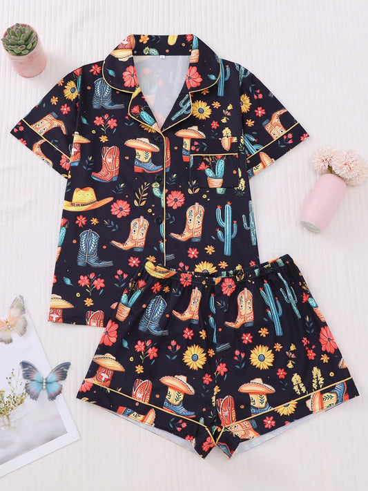 2-Piece Women’s Sleepwear Set – Denim Print Top & Shorts