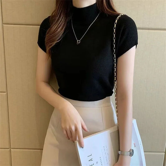 Women’s Short Sleeve Turtleneck Knit Blouse – Summer Fashion Top.