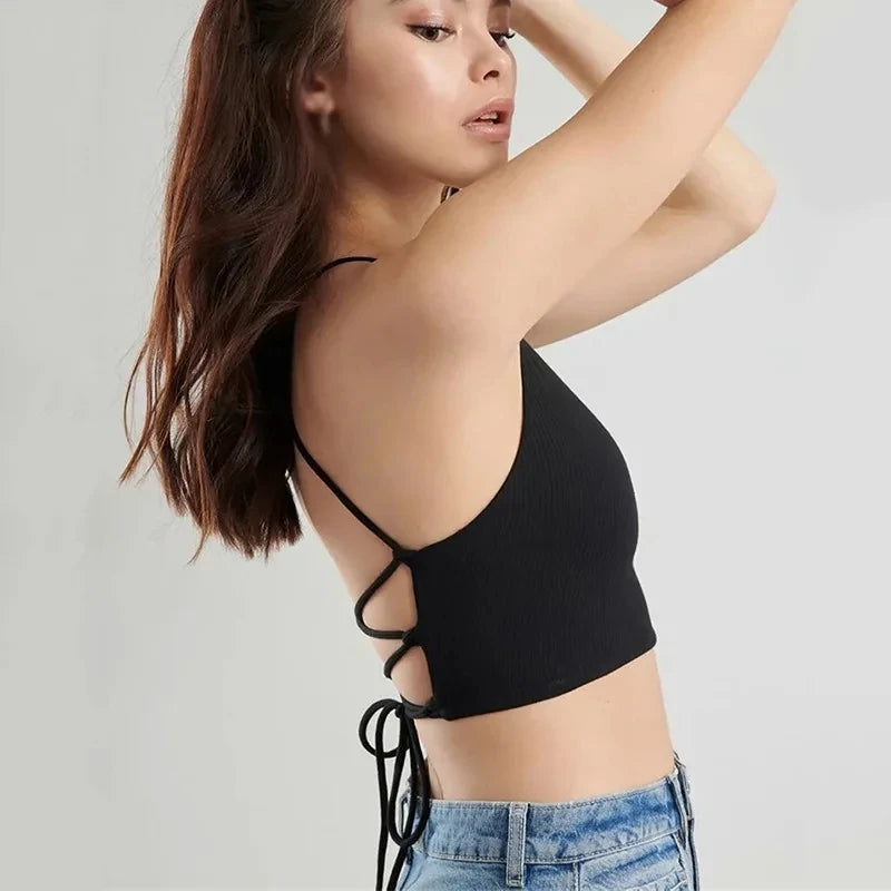 Women’s Ribbed Halter Crop Top – Lace-Up Tie Back, Sleeveless Summer Style