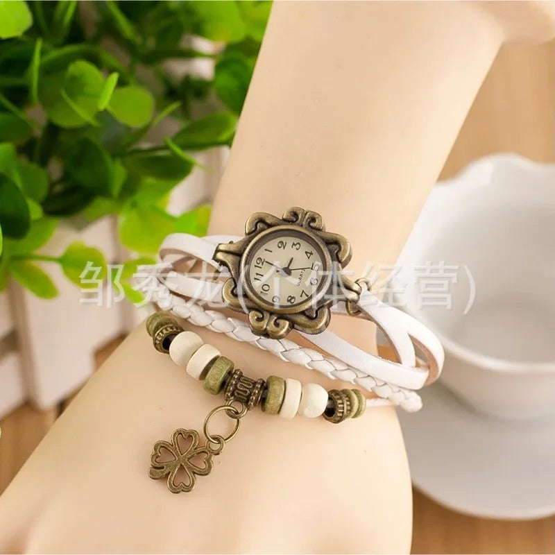 Vintage Leather Bracelet Watch – Butterfly & Clover Pendant