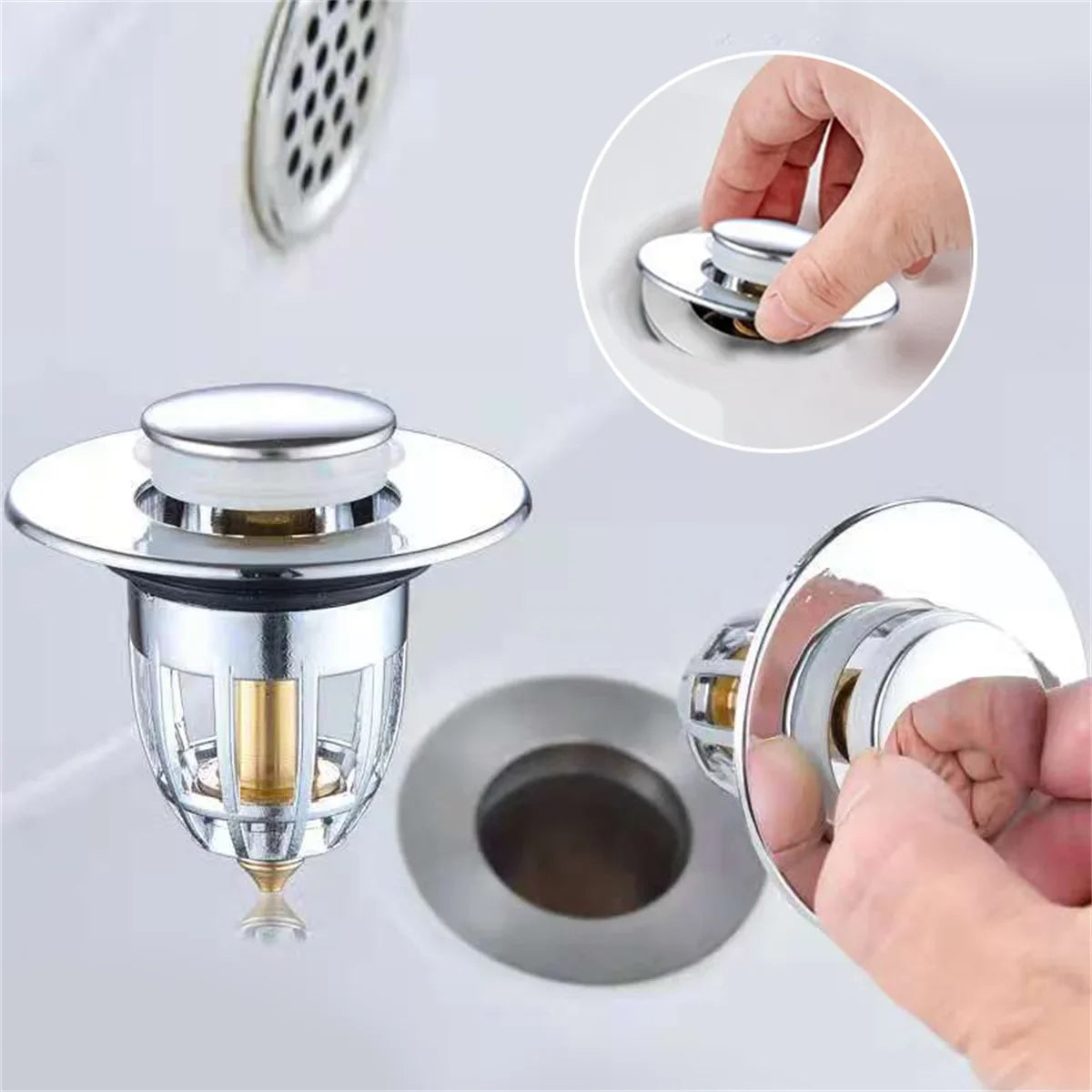 Universal Chrome Sink Drain Filter – Pop-Up Hair Catcher & Easy Push Stopper