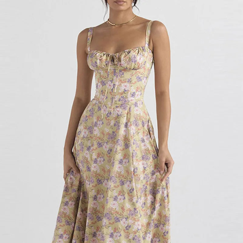 Women’s Floral Print Summer Midi Dress – Lace-Up Corset Beach Vacation Dress