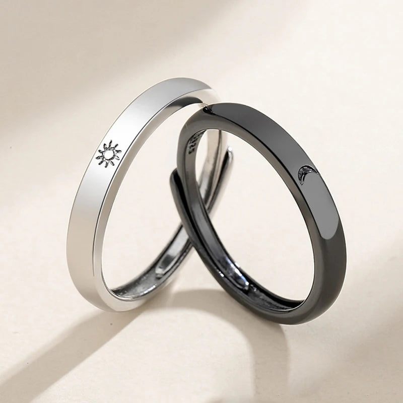New Silver Sun & Moon Adjustable Couple Rings – Unisex Wedding Jewelry