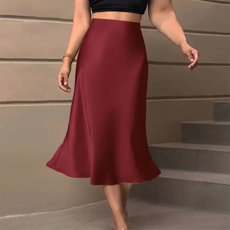 Women’s Satin A-Line Skirt – Korean Style High Waist Elegant Skirt