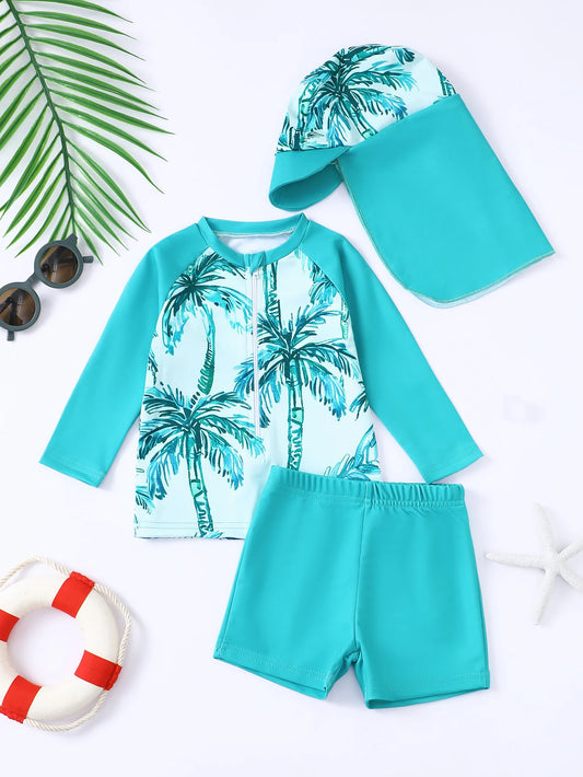 Baby Boy Swimsuit Set – Long Sleeve with Shorts & Hat | Infant Swim Outfit