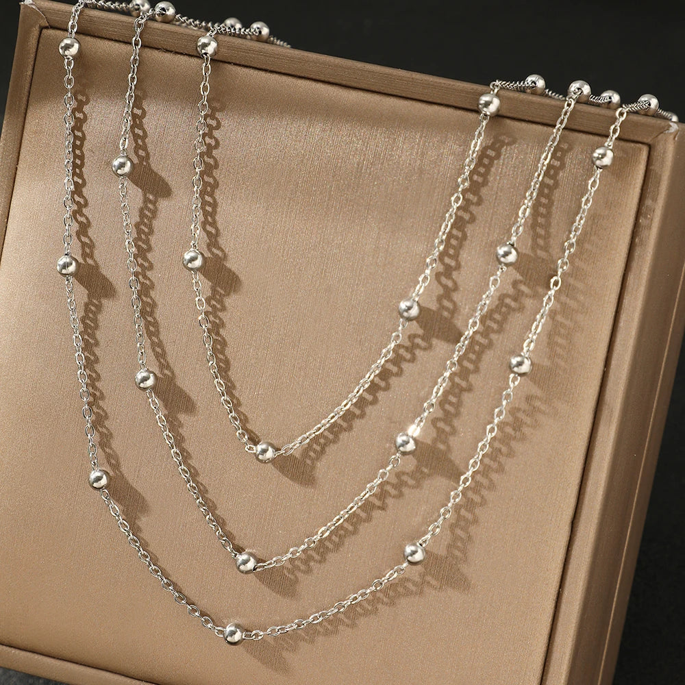 Multi-Layer Stainless Steel Beaded Necklace – Elegant Party Jewelry for Women