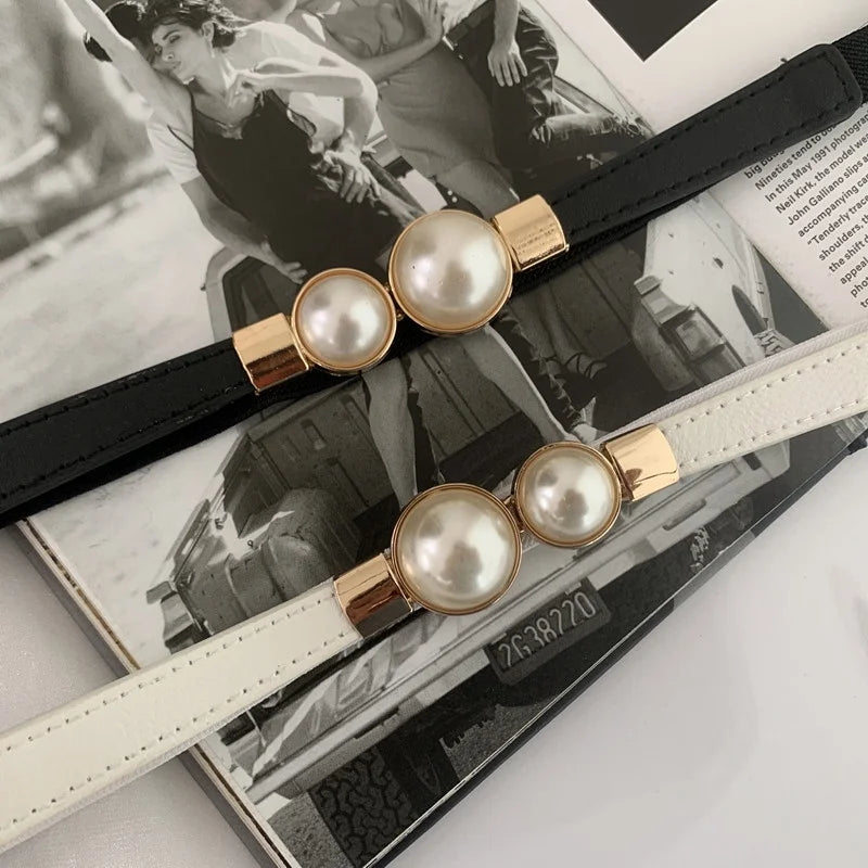 Elegant Double Pearl Buckle Elastic Belt – Thin Strap Waistband for Dresses & Skirts