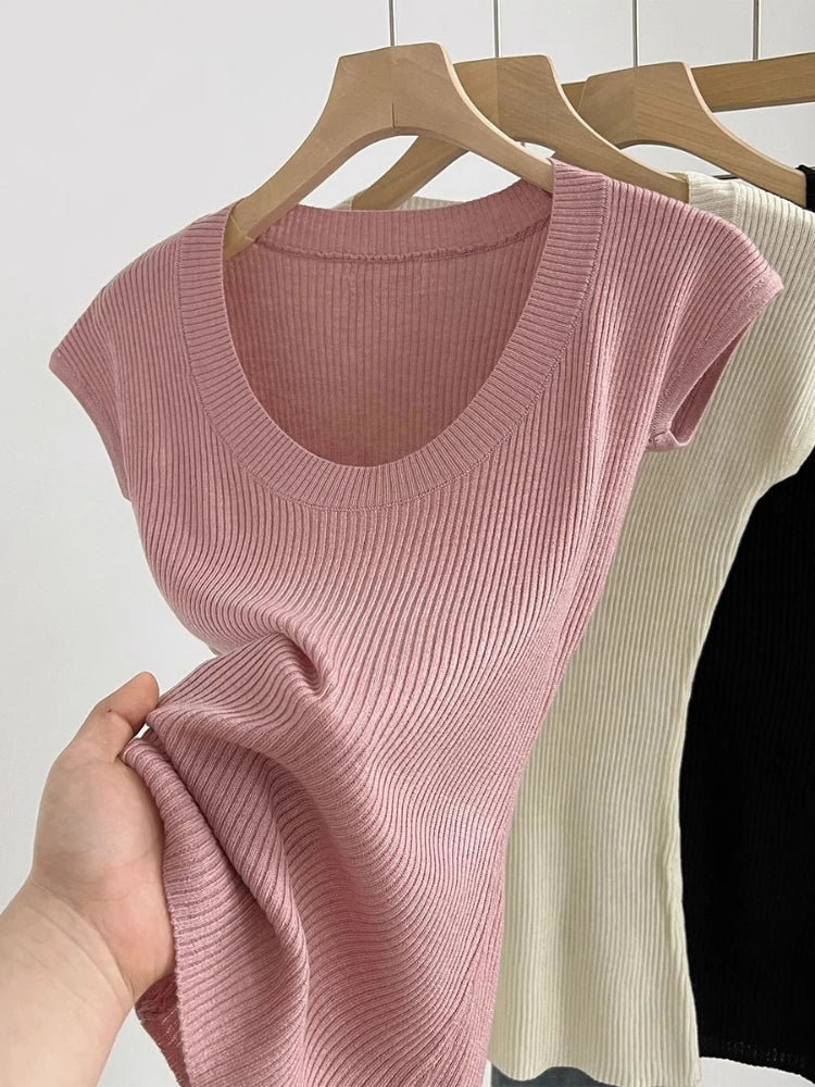 AOSSVIAO U-Neck Ribbed Knit Top – Slim Fit Summer Pullover