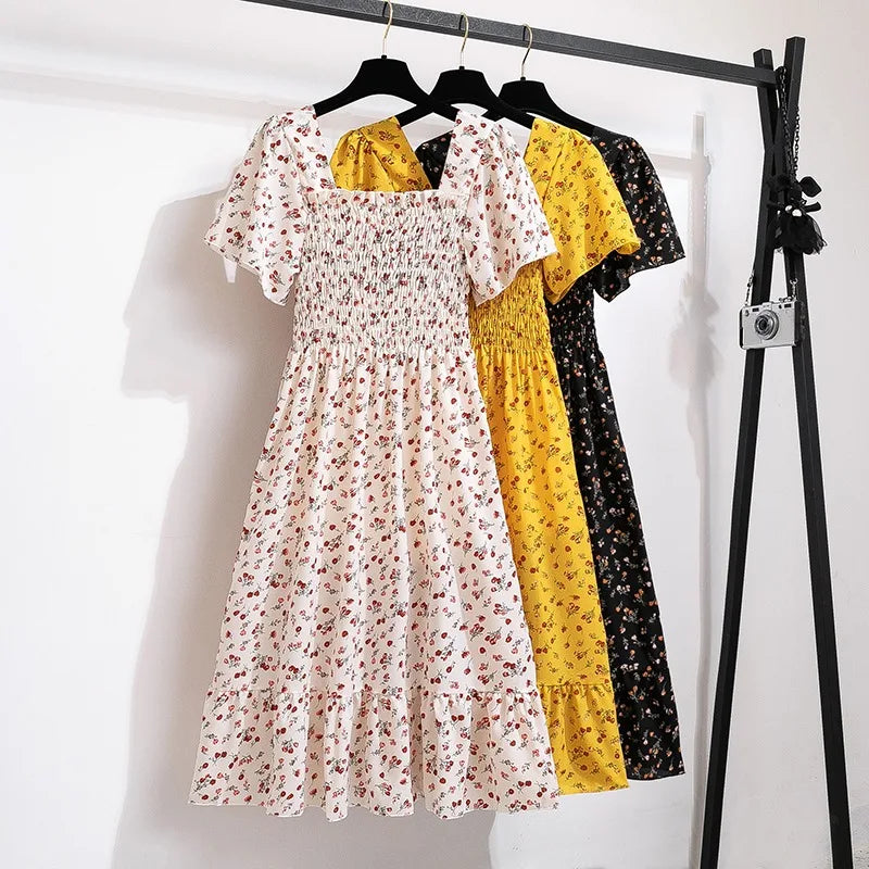 Elegant Korean Summer Floral Dress Style- with Square Neckline, Ruffle Details & Elastic Waist