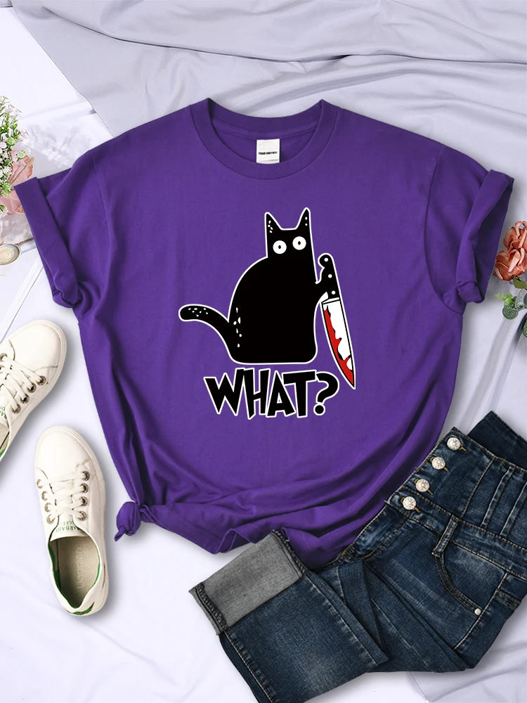 Black Cat Knife Tee – Women’s Short Sleeve Summer Streetwear