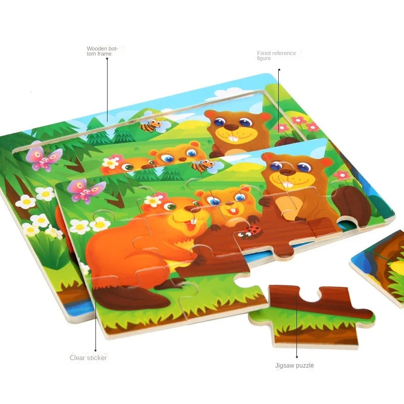 12-Piece Wooden Animal Jigsaw Puzzle – Montessori Educational Toy for Baby or Kids