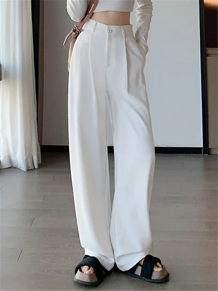 2024 Spring Summer Women’s High Waist Wide Leg Pants – Elegant Minimalist Straight Loose Trousers with Button Detail