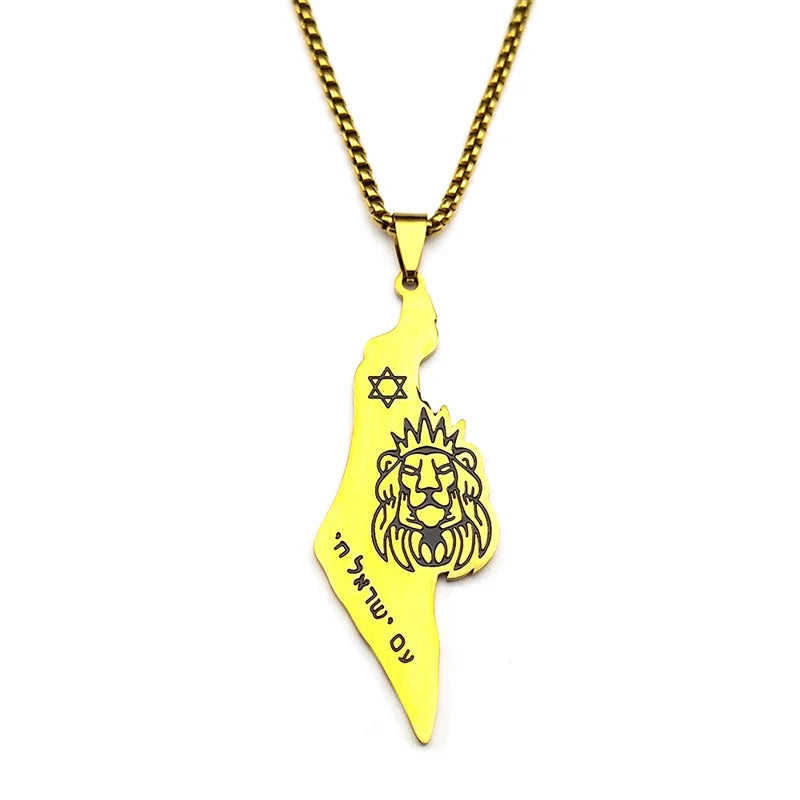 Israel Map Lion of Judah Star of David Pendant Necklace – Gold Stainless Steel.