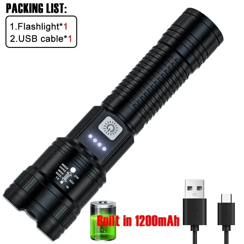 2000LM LED Tactical Flashlight – USB Rechargeable Zoom Torch
