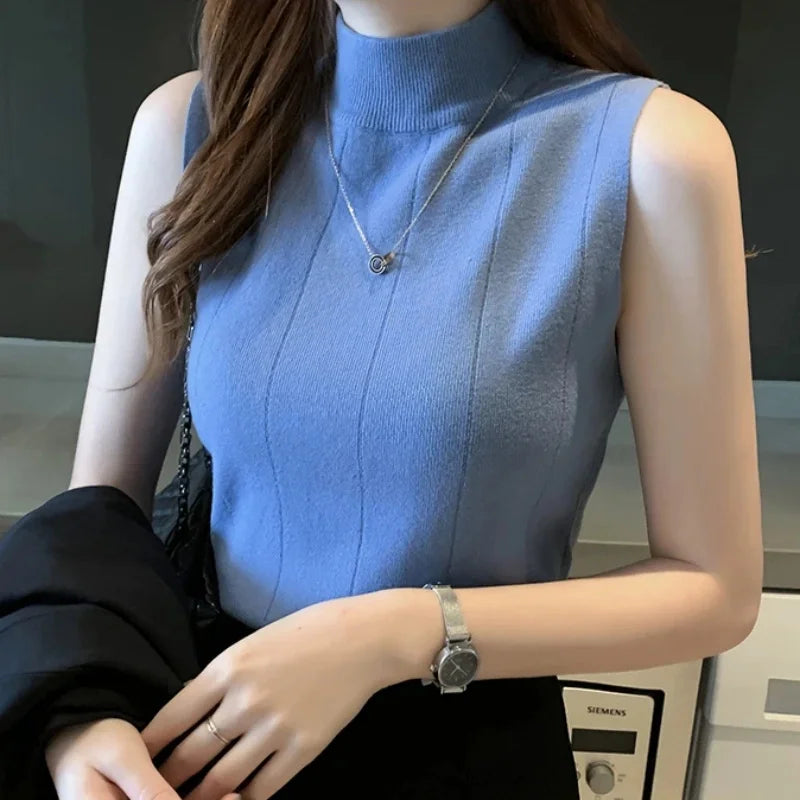 Turtle Neck Solid Korean Fashion Sleeveless -Elastic Casual Women's Top