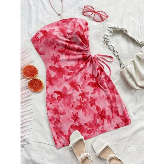 Floral Strapless Mini Dress – Ruched Backless Bodycon Party Dress
