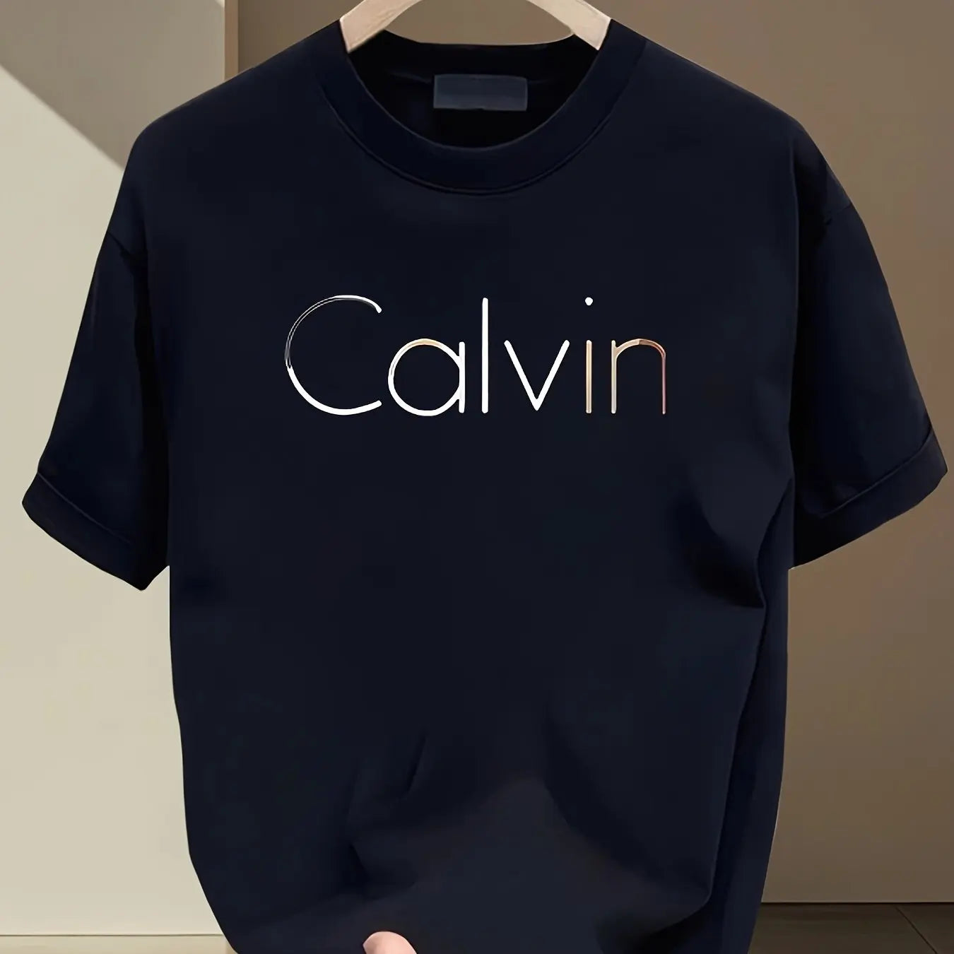 Men's Summer 100% Cotton Loose-Fit Calvin Print Casual Sports Tee, Round Neck, Short Sleeve.