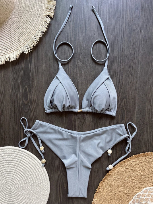 2025 Sexy Triangle Bikini Set – Halter Push-Up Swimwear with Chain