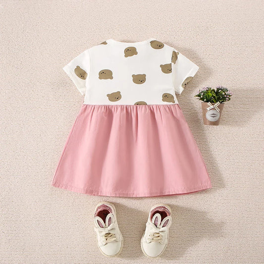 Baby Girl Teddy Bear Print Fake Two-Piece Summer Dress.