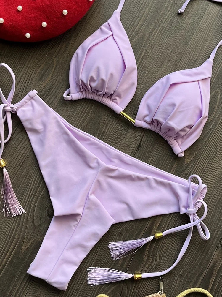 2025 Sexy Triangle Bikini Set – Halter Push-Up Swimwear with Chain
