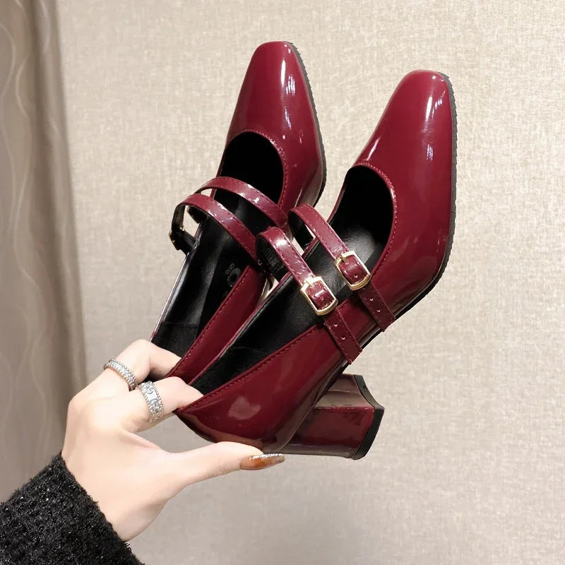 2025 Women’s Double Buckle Leather Shoes – Square Toe, Square Heel, Solid Color, Spring/Autumn