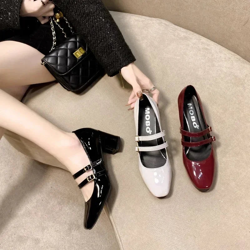 2025 Women’s Double Buckle Leather Shoes – Square Toe, Square Heel, Solid Color, Spring/Autumn