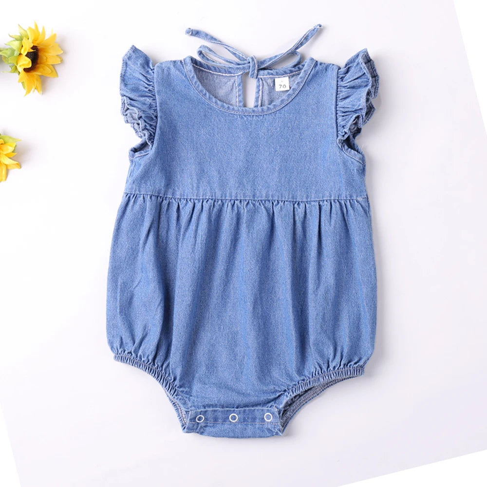 Baby Girls Romper — Sleeveless Ruffle Denim Bodysuit, Summer Sunsuit Outfit