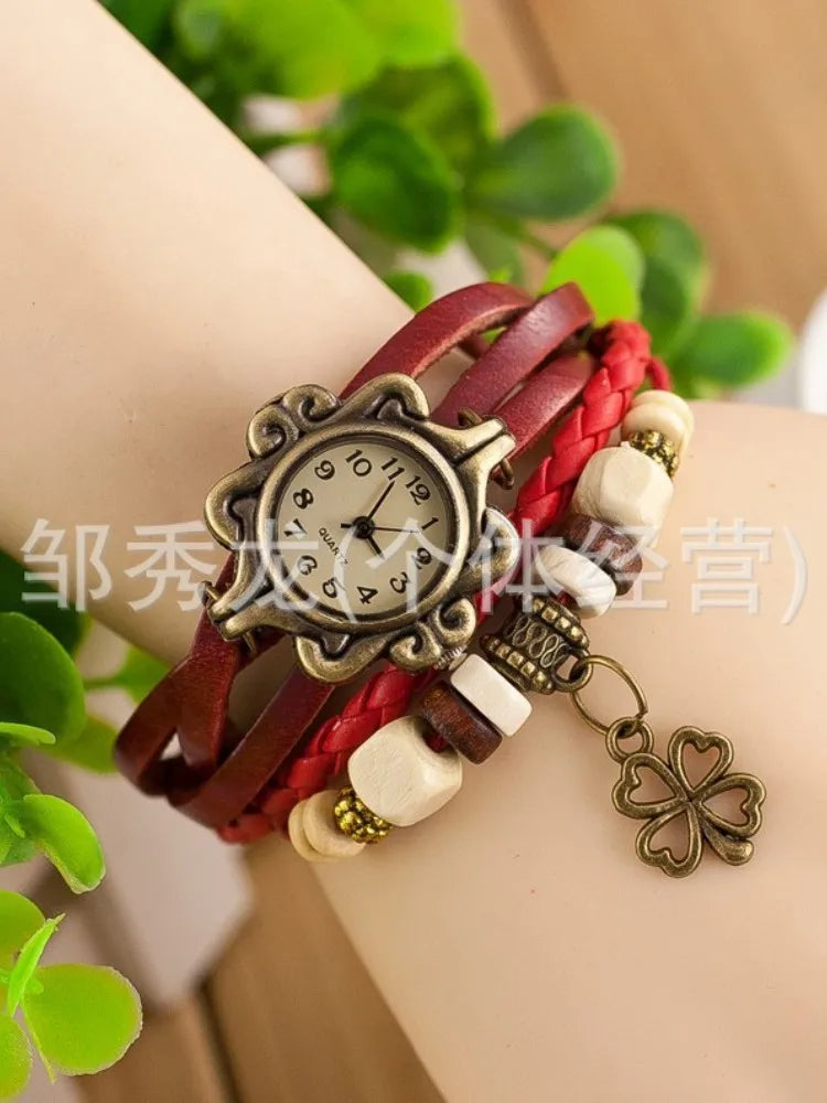 Vintage Leather Bracelet Watch – Butterfly & Clover Pendant