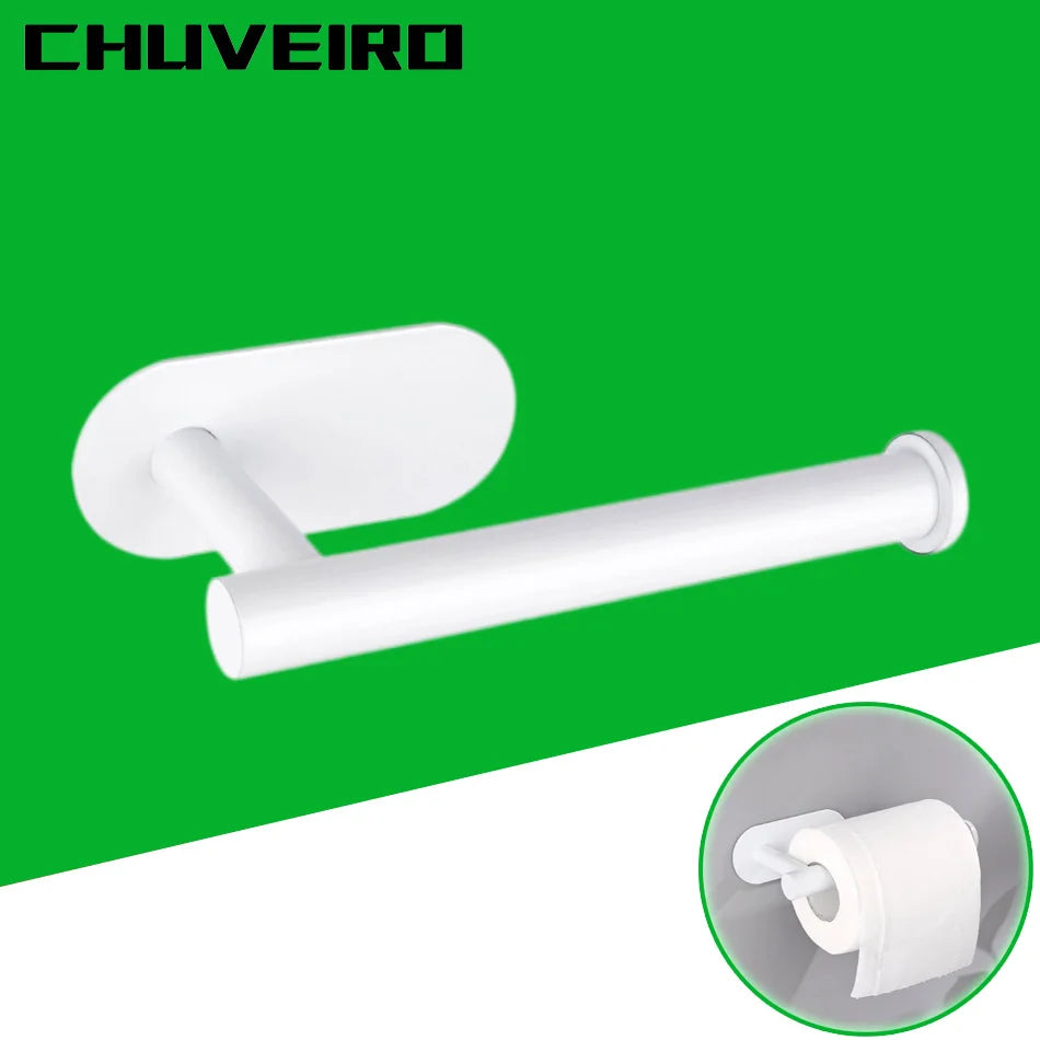 Adhesive Wall-Mounted Paper Holder – White, Black, or Gold Stainless Steel Toilet Tissue Rack