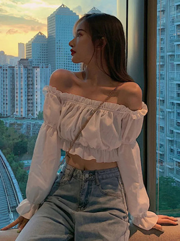 Women’s Off-Shoulder Puff Sleeve Blouse – Ruffle, Crop Top, White