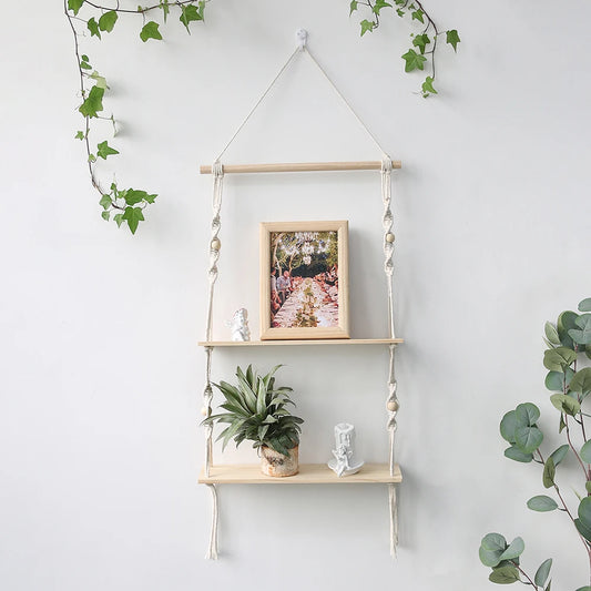 Wooden Macrame Wall Shelf – Boho Floating Display for Home, Living Room, Nursery Décor