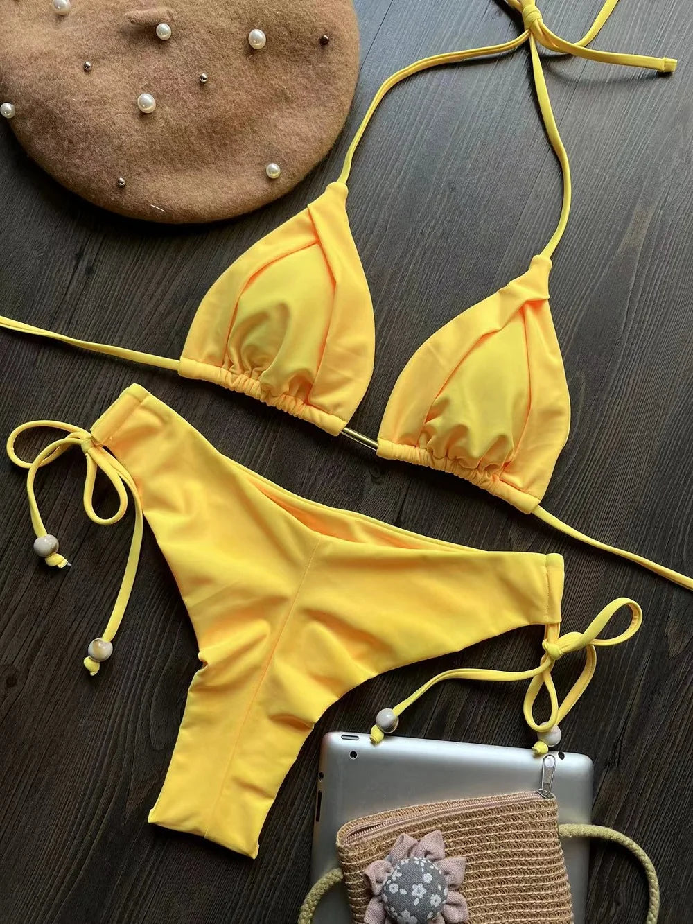 2025 Sexy Triangle Bikini Set – Halter Push-Up Swimwear with Chain