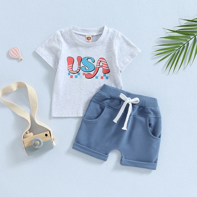 Toddler Boys 2-Piece Summer Set – Dinosaur Tee & Elastic Waist Shorts
