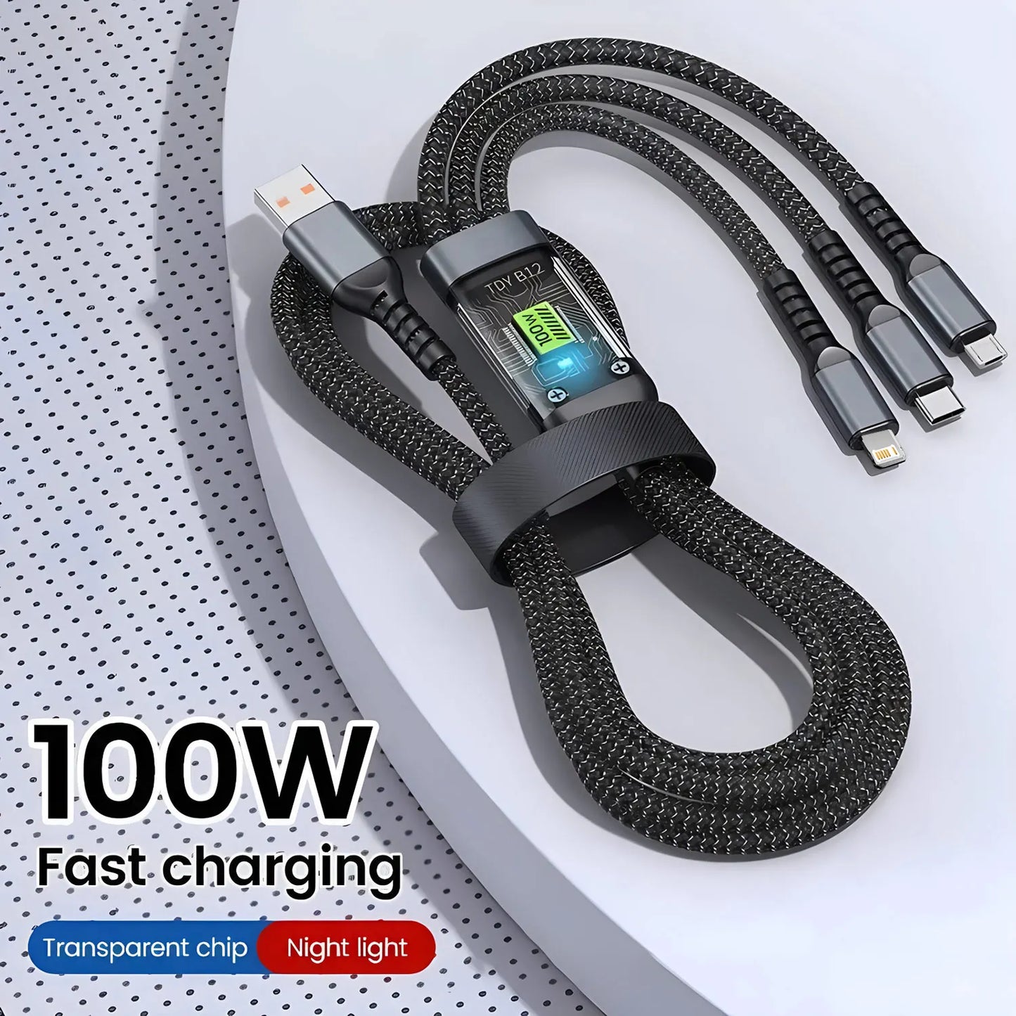 100W 3-in-1 Fast Charging Cable – Nylon Braided Multi USB Cord with Type-C & Micro Adapter